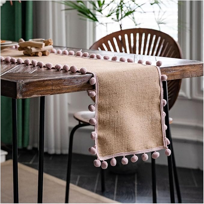 Natural Jute Table Runner, Burlap Style Table Runner, Rustic Farmhouse Table Runner Country Vintage for Wedding, Party Table Decorations, Boho Décor Jute Pink Balls 12x72 inch TAB28