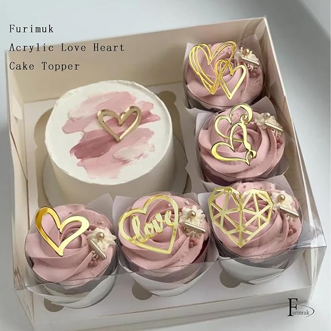 27 Pcs Love Heart Cupcake Toppers Acrylic Cake Topper Minimalist Gold Cake Decorations for Valentine's Day Anniversary Engagement Birthday Wedding Party Supplies