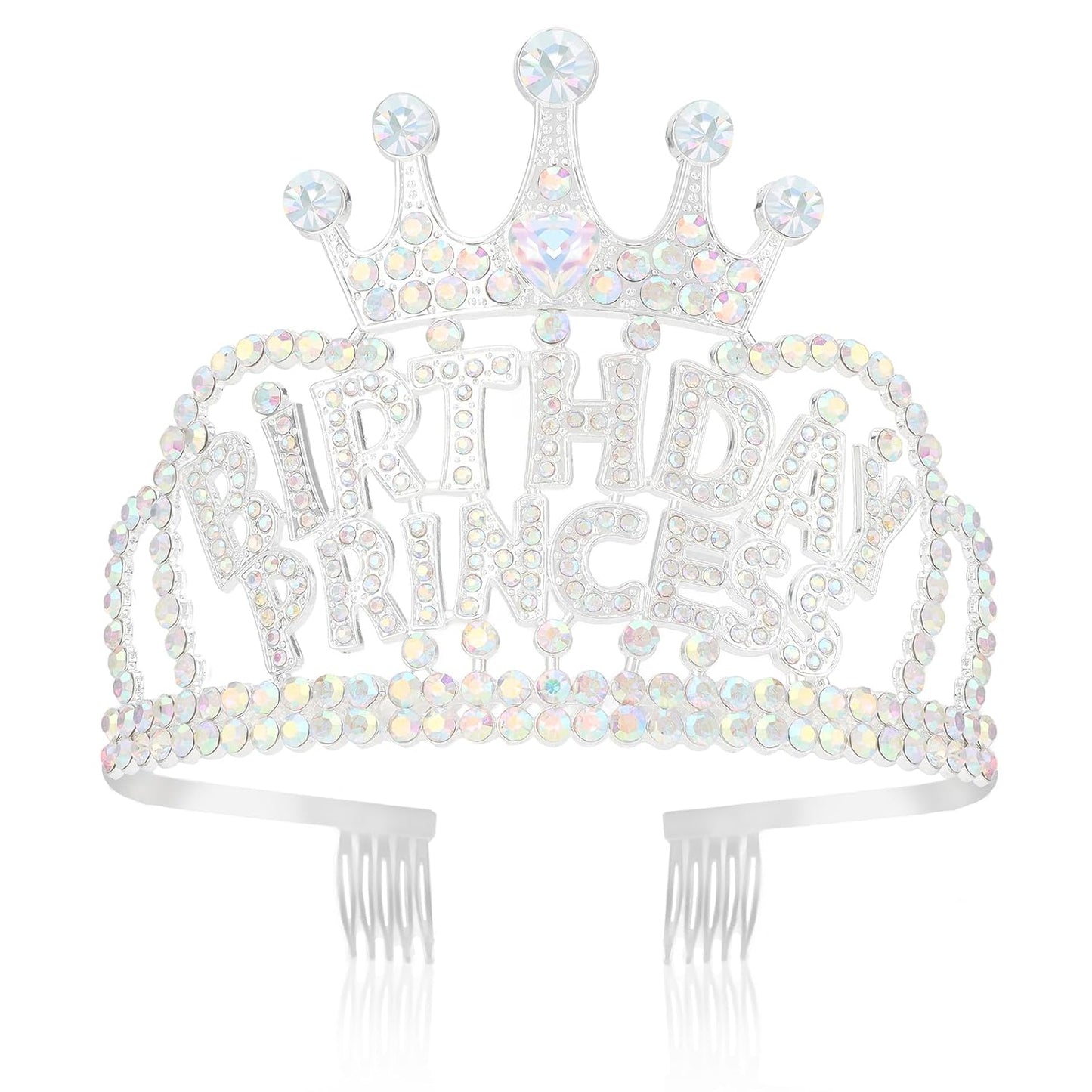 Wecoe Birthday Crown AB Silver Rhinestone Princess Tiara with Combs Happy Birthday Party Favors Pink Decorations 16th 18th 21st 25th Gifts for Her