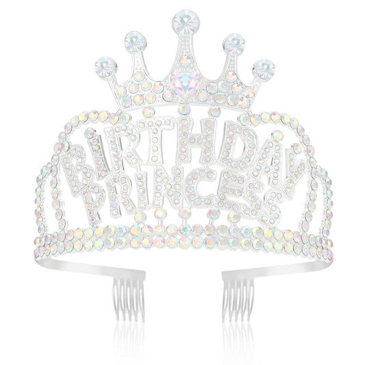 Wecoe Birthday Crown AB Silver Rhinestone Princess Tiara with Combs Happy Birthday Party Favors Pink Decorations 16th 18th 21st 25th Gifts for Her