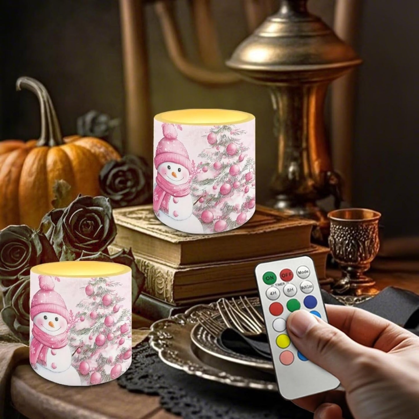 Poceacles Christmas LED Candles Set of 4 Battery Powered Flameless Candles with Multi-Color Lighting Options, Timer Function, for Indoor Outdoor Decor, Snowman Christmas Tree Pink