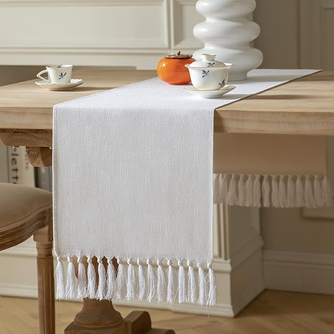 ZeeMart White Table Runners 60 Inches Long, Burlap Linen Style Rustic Farmhouse Table Runner, Boho Woven Dining Table Runner, 13x60 Inches, White
