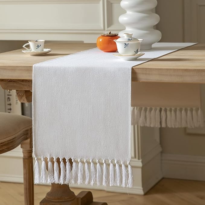 ZeeMart White Table Runners 90 Inches Long, Burlap Linen Style Rustic Farmhouse Table Runner, Long Boho Dining Table Runner, 13x90 Inches, White