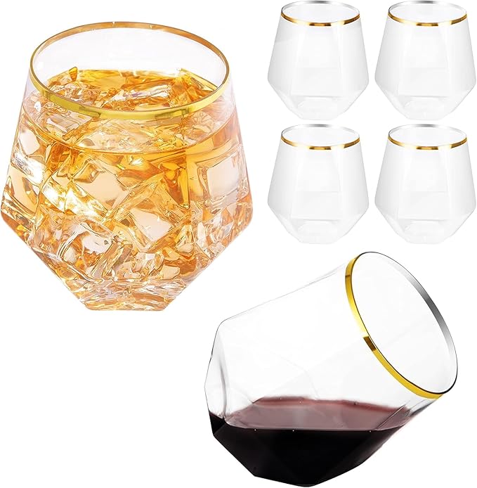 LUODA MirthMood 32 Pack Gold Plastic Stemless Wine Glasses, 12 Oz Disposable Diamond Shaped Wine Glasses, Clear Plastic Whiskey Glasses with Gold Rim for Spring Wedding,Birthday Party