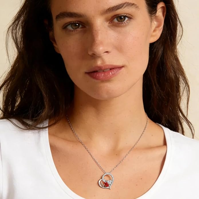 Double Birthstone Heart Necklace 0.8CT Dual-Gemstone S925 Sterling Silver Plated White Gold Engraved I Love You Perfect Anniversary/Valentine's Day Gift for Wife/Girlfriend/Mom/Daughter