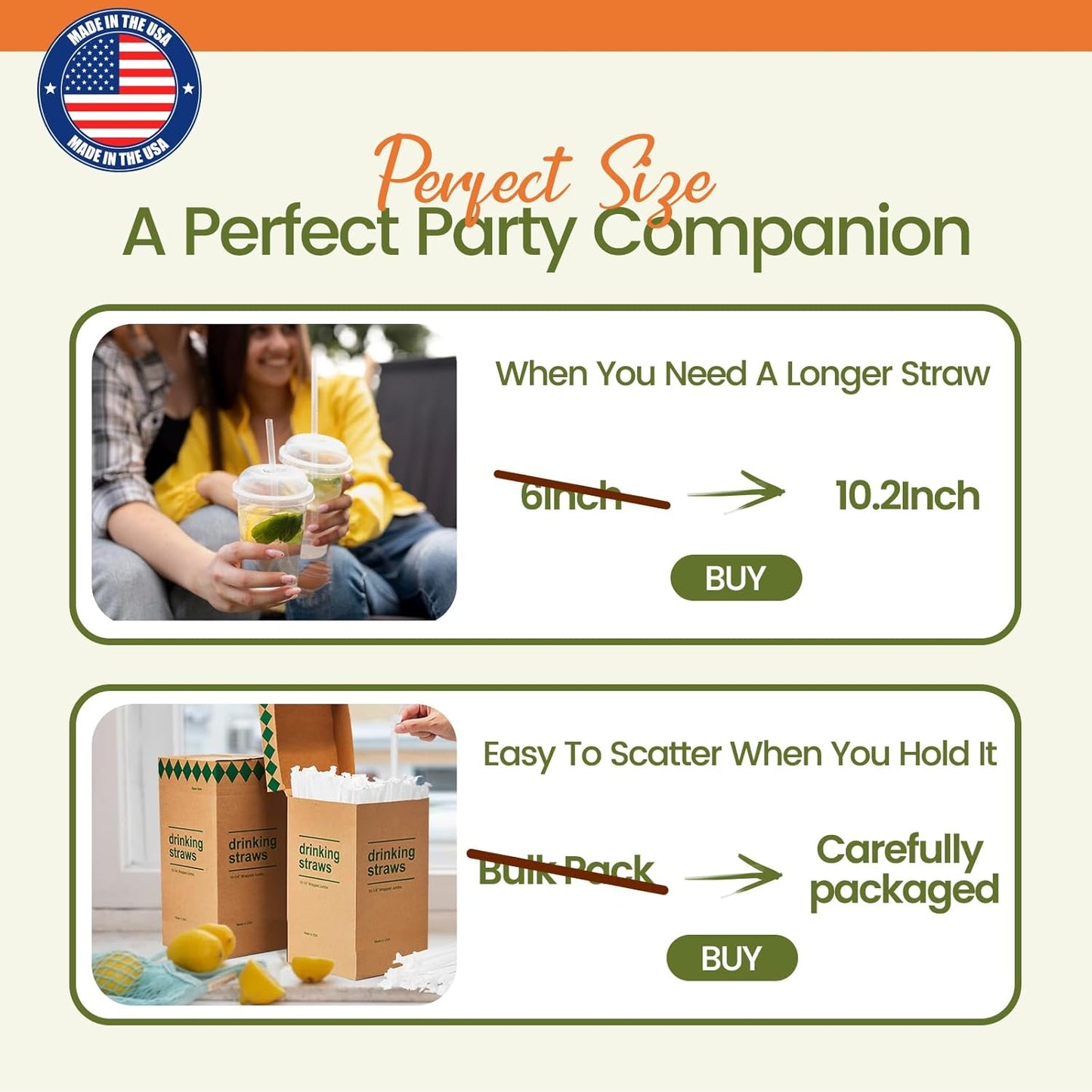 Plastic Straws [500 Pcs-10.2" Long] Individually Wrapped Clear Disposable Drinking Straws - Made in USA - Straight Long Straws for Party, 0.23'' Diameter