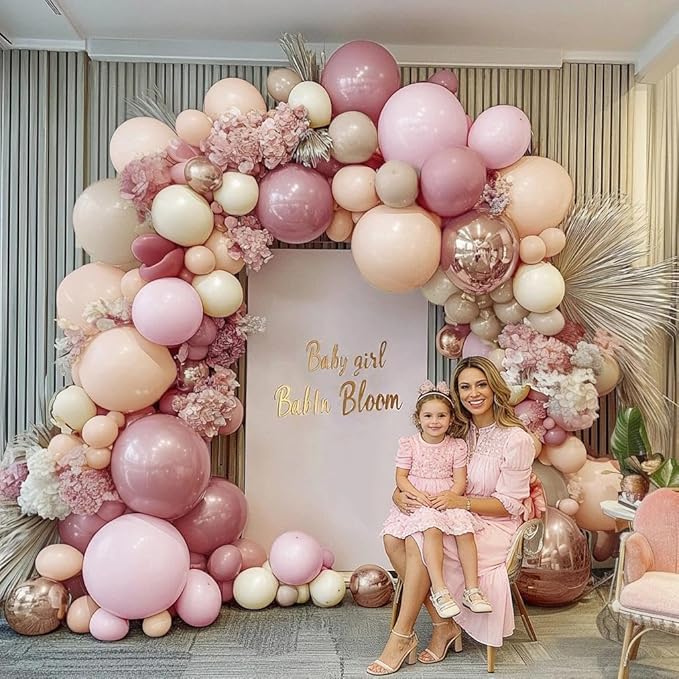 Dusty Pink Rose Balloon Garland Double Stuffed Mauve Light Pink Latex Blush Nude Beige Champagne Gold Balloon Arch Kit for Boho Birthday Baby Bridal Shower Neutral Wedding Party Decor