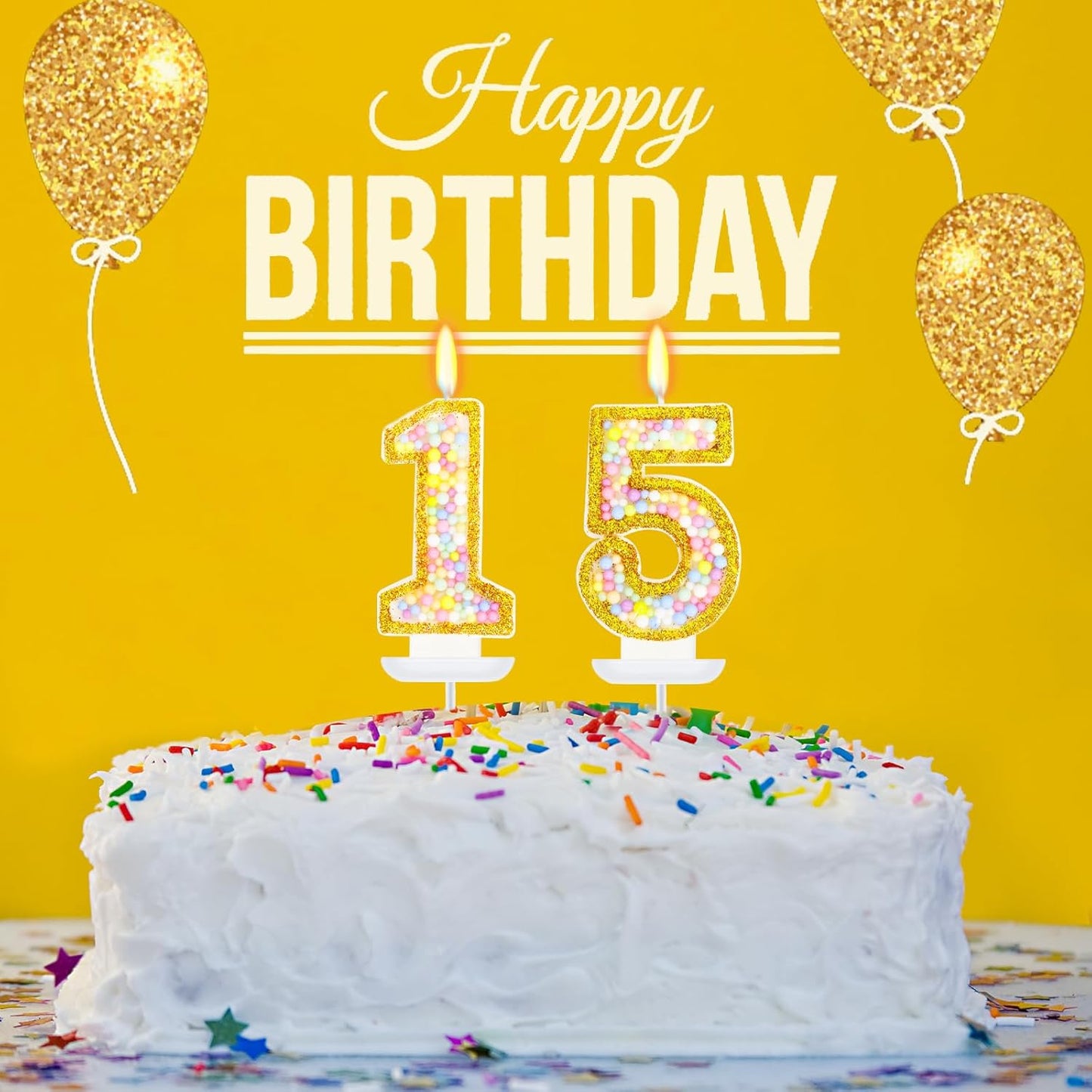 15th Birthday Candle for Cake, Colorful Macaron Numeral Candles for Girls/Boys, Birthday Party Cake Decorations, Golden Cake Topper for Birthday Party Supplies (Number 15)