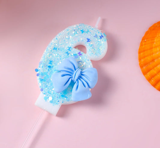 Birthday Candles 6 Cake Topper Decorations, Blue Bow 6 Candle for Birthday Cake Boy Girl Kids Pets Pastel Birthday Party Supplies (Number 6)