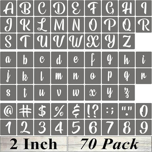 2 Inch Alphabet Letter Stencils - 70 Pack Letter Number Stencil Templates with Signs for Painting on Wood, Reusable Calligraphy Letters and Numbers Stencils for Chalkboard Fabric Wood Signs