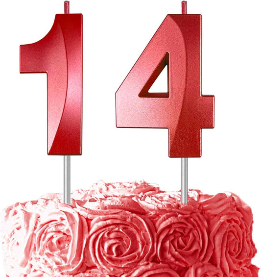 Red Number 14 Candles, 3D Diamond 2.76 Inch Cake Topper Birthday Candles for Wedding Anniversary Cake Decorations, Happy Birthday Party Decorations