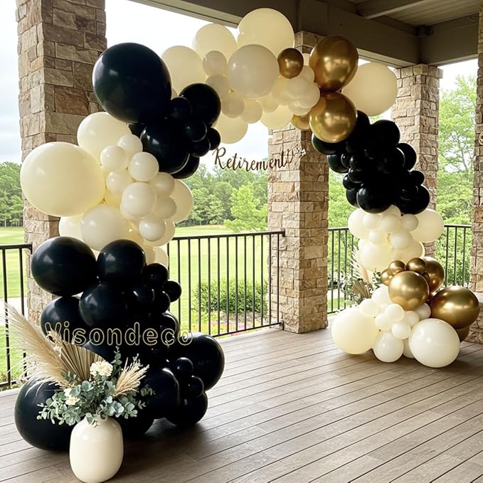 Black White and Gold Balloon Arch Kit – Double Stuffed Balloons in Black, Ivory with Metallic Gold – 5”/12”/18” Balloons for Graduation, Birthday, Retirement, New Year, Balloon Garland Decorations