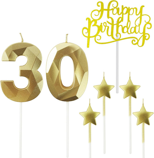 Golden Number 30 Birthday Candles and Star Birthday Candles, 2.76 inch, 3D Diamond Shaped, Suitable for Birthday Parties and Anniversary Cake Decorations