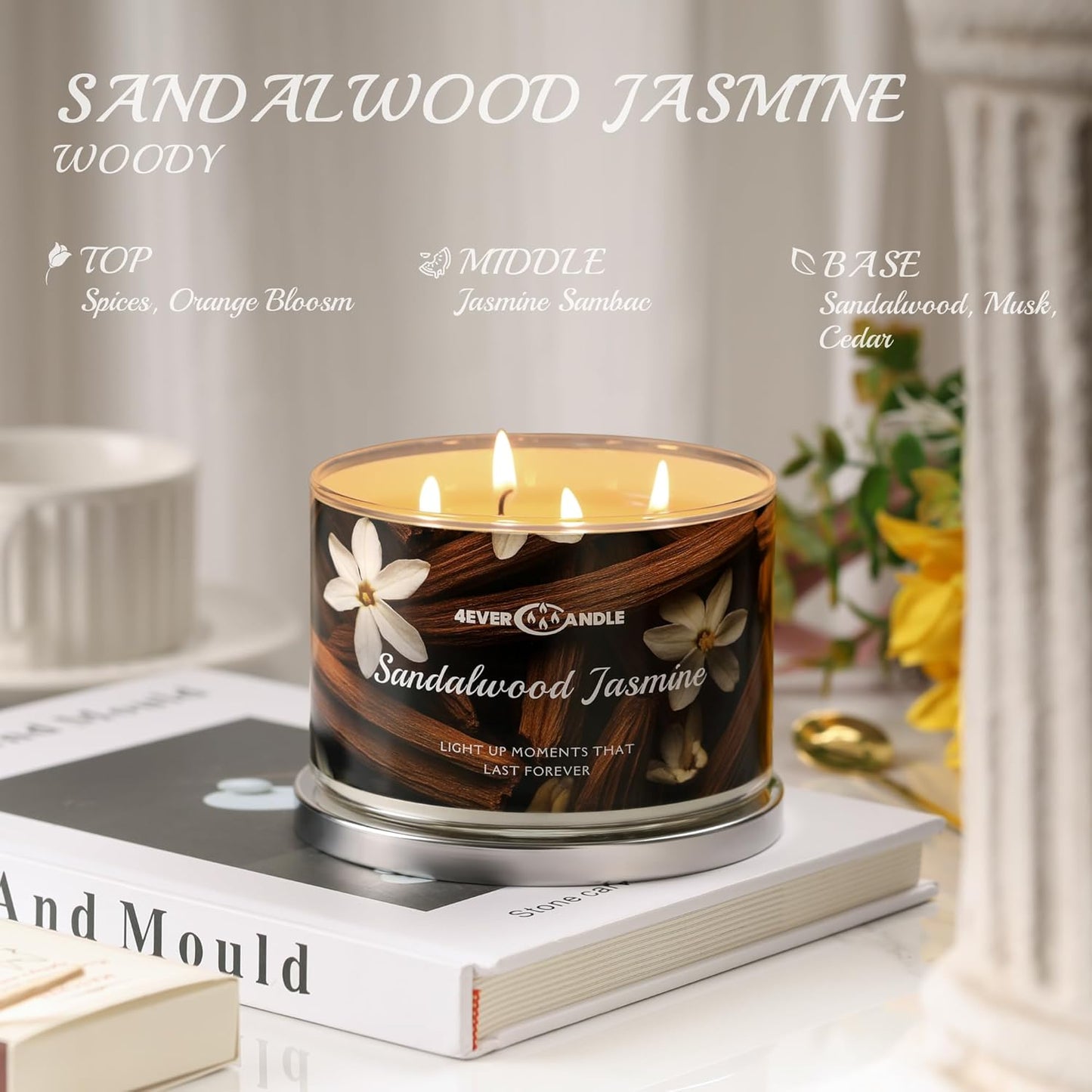 4-Wick Candles for Home Scented - 18oz Soy Wax Blend Candle Over 50Hrs Long-Lasting Fragrance, Home Decor and Housewarming Gifts, Sandalwood Jasmine