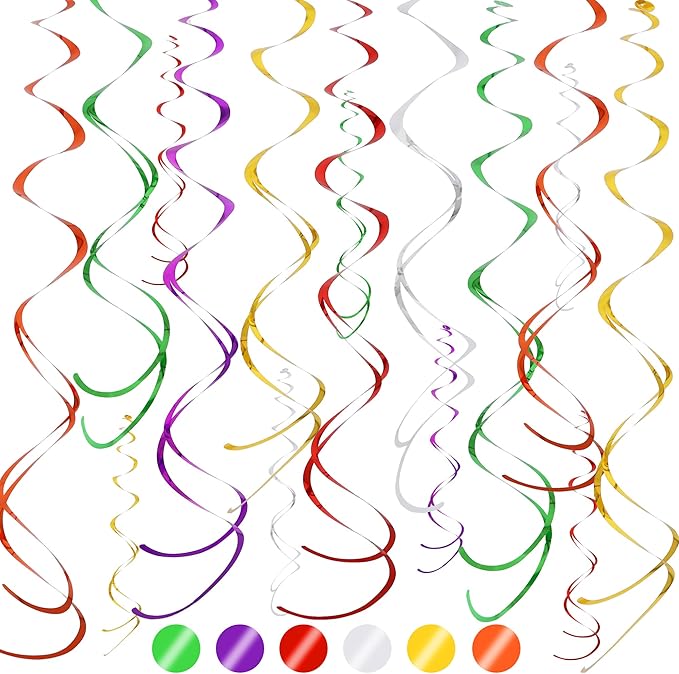 BEISHIDA Blue Gold Silver Hanging Swirls Party Decorations Plastic Streamer for Ceiling, Birthday Weddings Christmas Fall Celebration Party Supplies, Pack of 30