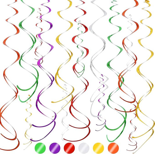 BEISHIDA Blue Gold Silver Hanging Swirls Party Decorations Plastic Streamer for Ceiling, Birthday Weddings Christmas Fall Celebration Party Supplies, Pack of 30