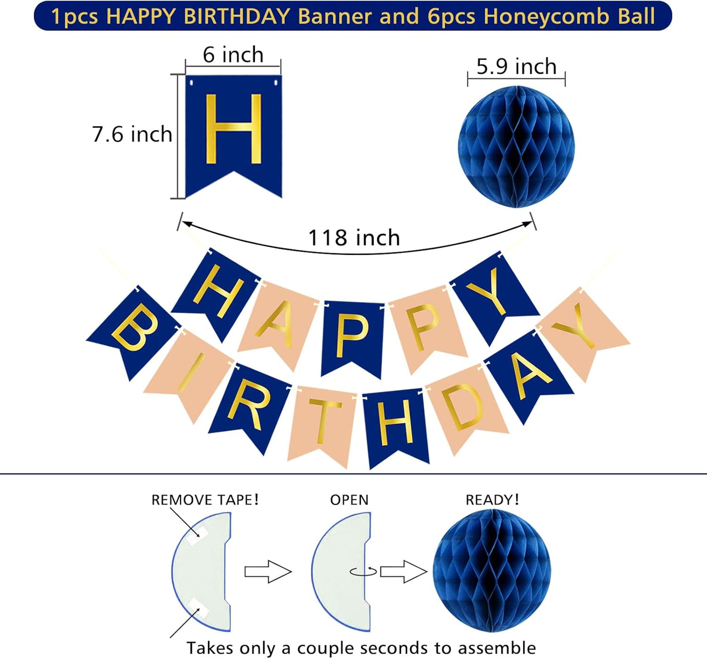 Navy Rose Gold Birthday Decorations with Happy Birthday Banner, Paper Honeycomb Balls, Circle Garland and Hanging Swirl Decorations