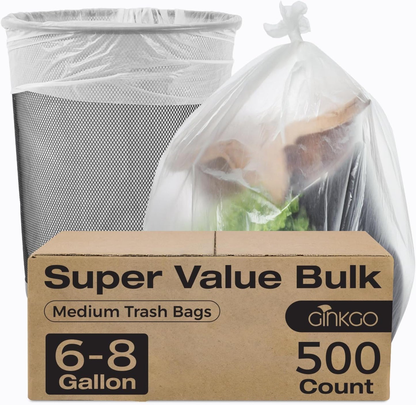 6-8 Gallon Medium Trash Bags 500 Count Super Value Bulk Kitchen Garbage Bags Unscented Clear Wastebasket Bin Liners