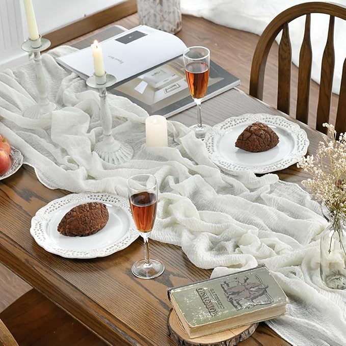 Artoid Mode Boho Milk White Gauze 6 Pieces Wedding Table Runner, 120 Inch Birthday Fabric Kitchen Dining Holiday Table Decor for Home Party Indoor