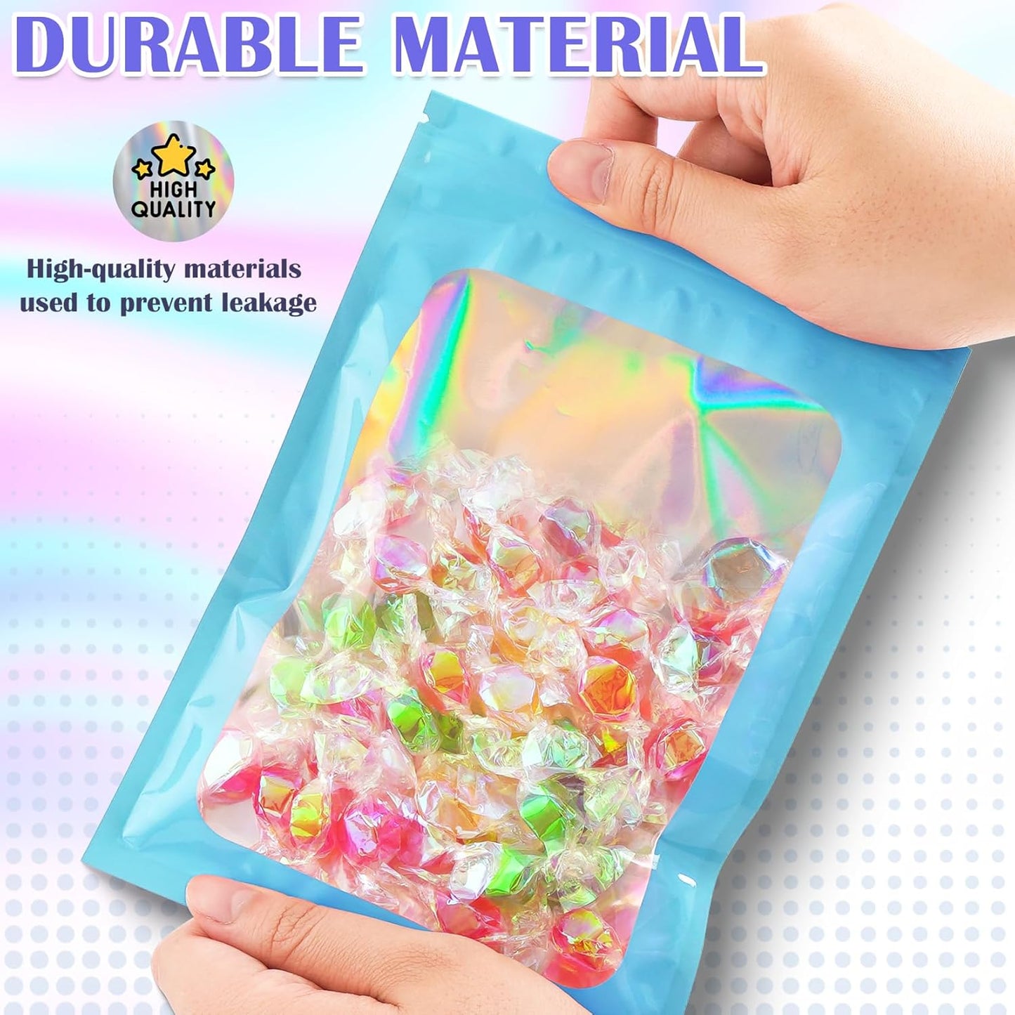 300 Pcs Mylar Bags, Smell Proof Bags Foil Pouch, Holographic Resealable Bags for Small Business, Candy Sample Jewelry Bag Sealable Packaging for Party Favor Food Storage (5.5x7.9in-Blue)