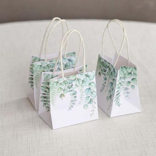 Efavormart 12 Pack 4"x4" Green Eucalyptus Paper Gift Bags with Handles - Small Botanical Favor Goodie Bags for Boho Wedding and Baby Shower