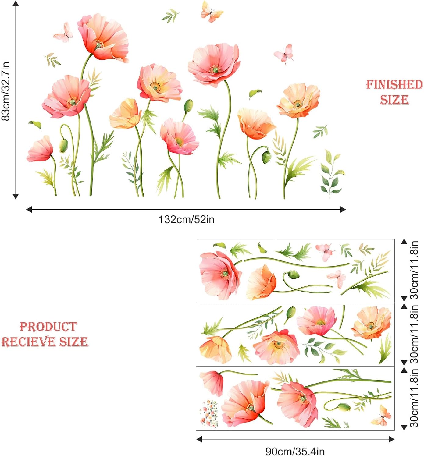 Large Pink Floral Wall Decals Poppy Flower Butterfly Wall Stickers Peel and Stick Autumn Floral Wall Art Decor for Living Room Bedroom Office TV Sofa Backdrop Home Decor Gifts for Mom