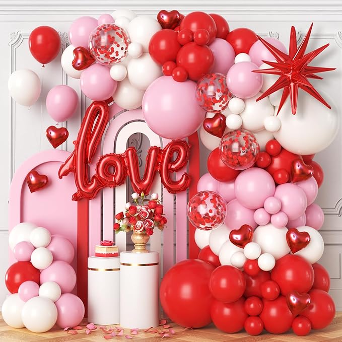 Valentines Day Balloon Arch Kit, Pink Red White Balloon Garland with 32" LOVE/ 22"Explosion Star/ 5" Heart Foil Balloon for Galentines Mothers Day Wedding Engagement Anniversary Party Decorations