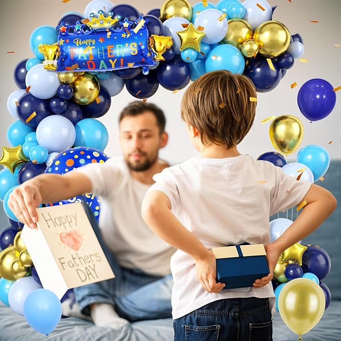 Father's Day Balloon Arch, Navy Blue Metallic Gold Light Blue Balloon Garland Kit with Large Dad Party Balloons, Dad Letter Foil Balloons for Father's Day Party Decorations