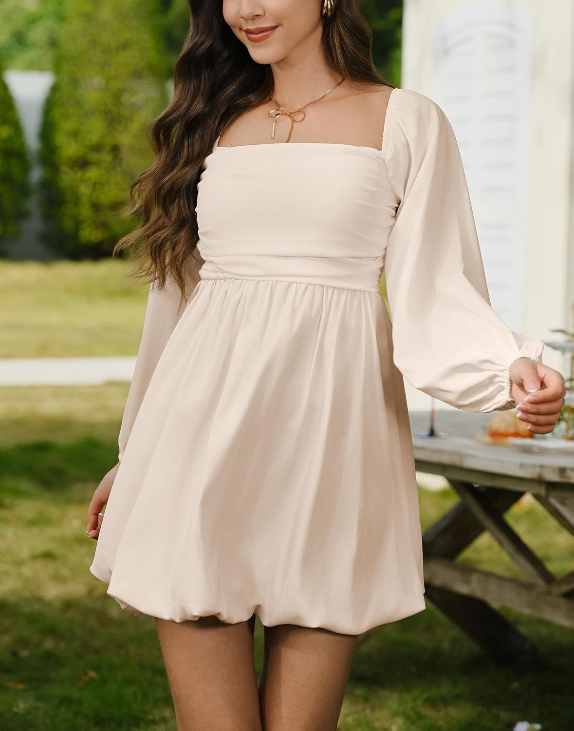HYPERFIRE Women's Square Neck Pleated Long Sleeve Mini Dress Smocked A Lind Bubble Wedding Dresses