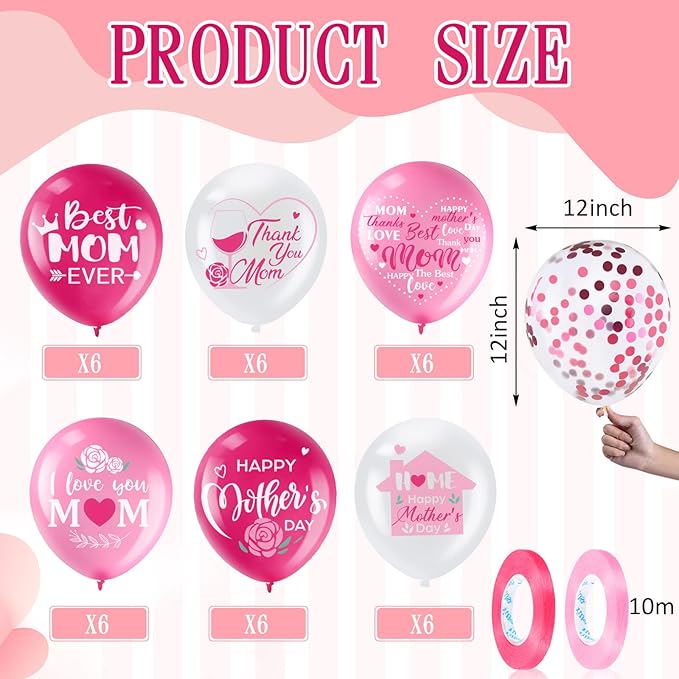 50 Pcs 12inch Happy Mother's Day Balloons Party Decorations Supplies, I Love You Best Mom Ever Thanks Giving Party Latex Balloons for Mother's Day Party Mother Birthday Party Favors