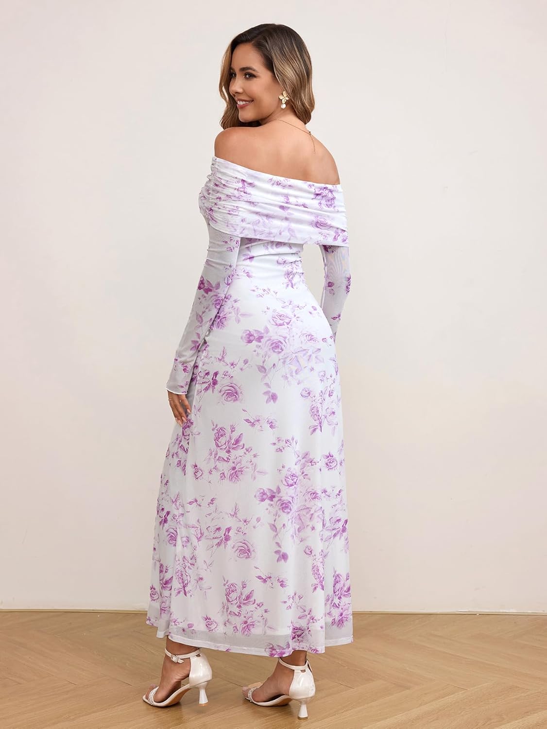 KUTUMAI Women Off Shoulder Bodycon Maxi Dress Long Sleeve Mesh Ruched Party Formal Wedding Guest Dresses