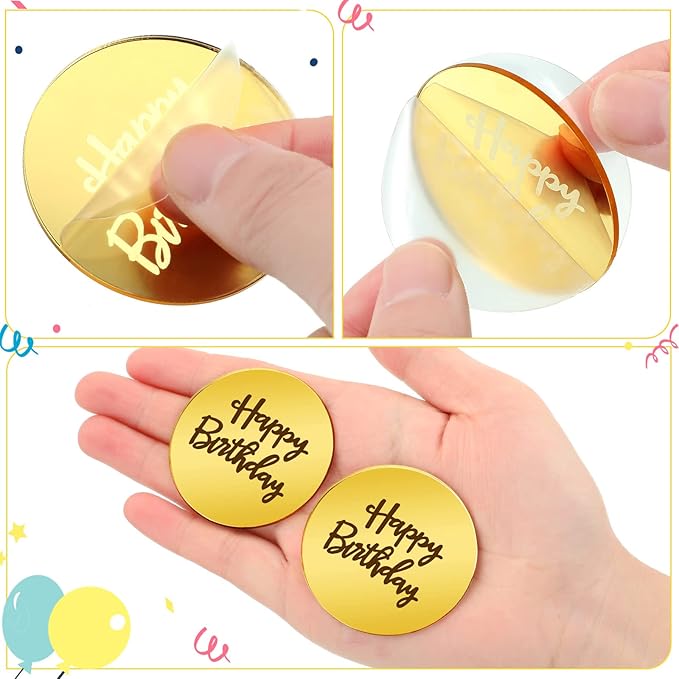 Queekay 36 Pcs Mirror Acrylic Happy Birthday Cupcake Toppers, Acrylic Gold Rose Gold Silver Engraved Topper for DIY Cake Picks Round Pastries Birthday Party Anniversary Charm Decorations Supplies