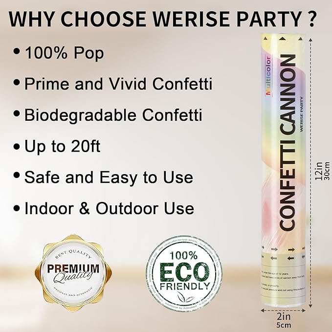 Confetti Poppers Biodegradable Confetti Cannon, 6 Pack WERISE Party Poppers Multicolor Confetti Shooters for Birthday, Wedding, Parties, Valentines Day, Easter and Graduation 12 Inch