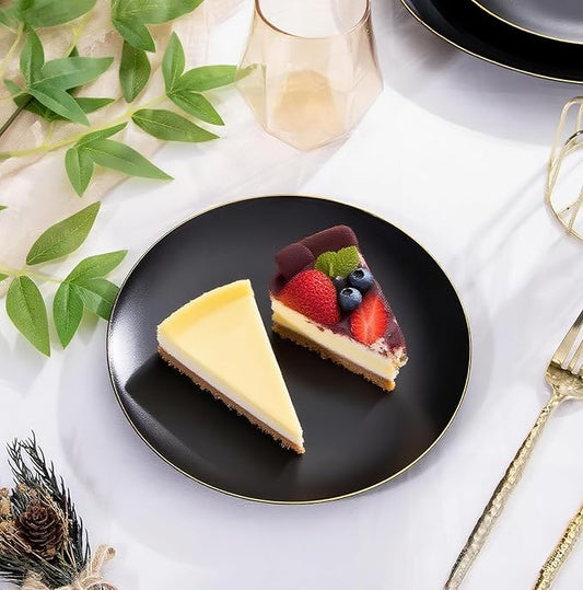 EI enjonirinjonir 80pcs Black Dessert Plates with Gold Rim,7.5inch Heavy Duty Disposable Matte Plastic Party Platos Frosted Small Black Dessert/Cake/Appetizer Plastic Plates for Wedding/Tea Party