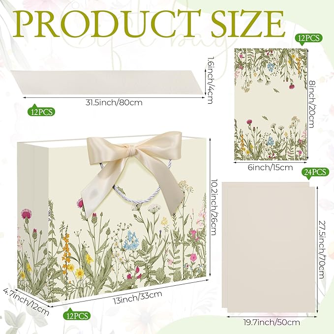Maitys 12 Pack 13" Large Spring Wildflower Gift Bag Vintage Floral Paper Bags with Handles, Tissue Papers, Ribbons and Greeting Cards for Wedding Bridal Showers Birthday Baby Shower Party Decorations