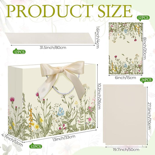 Maitys 12 Pack 13" Large Spring Wildflower Gift Bag Vintage Floral Paper Bags with Handles, Tissue Papers, Ribbons and Greeting Cards for Wedding Bridal Showers Birthday Baby Shower Party Decorations