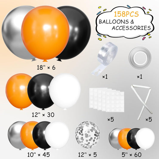 Orange Black White and Metallic Silver Balloons Garland Arch Kit, 146 Pcs Latex Balloons with Confetti for Birthday Party Graduation Father's Day Anniversary Bachelorette Party Decoration
