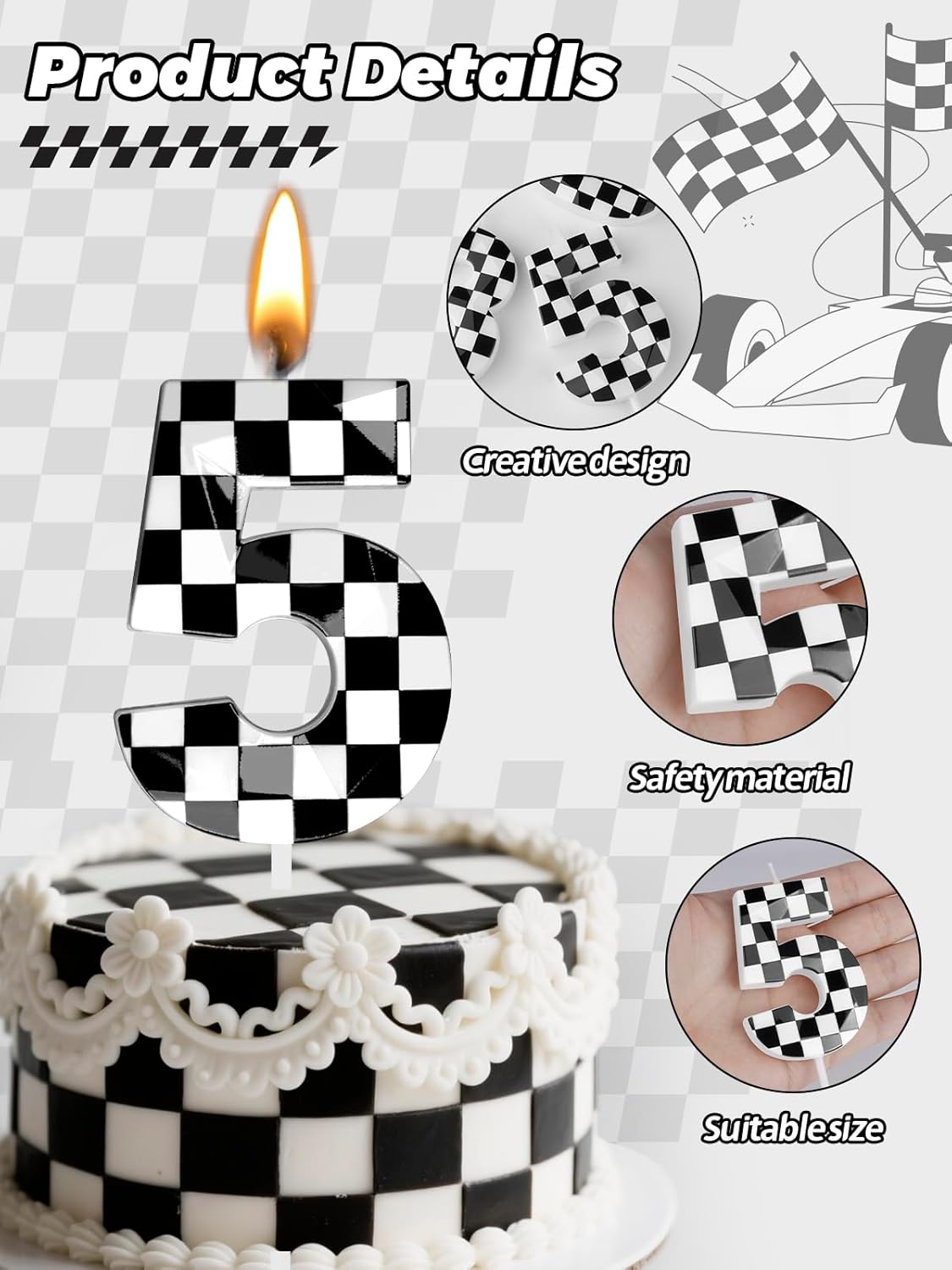 Number 5 Racing Cars Birthday Candles,2.68 Inch Black White Checkered Birthday Number Candles, Cool Racing Themed Number Candles for Boys and Girls, Kids Race Car Themed Party Decorations Supplies