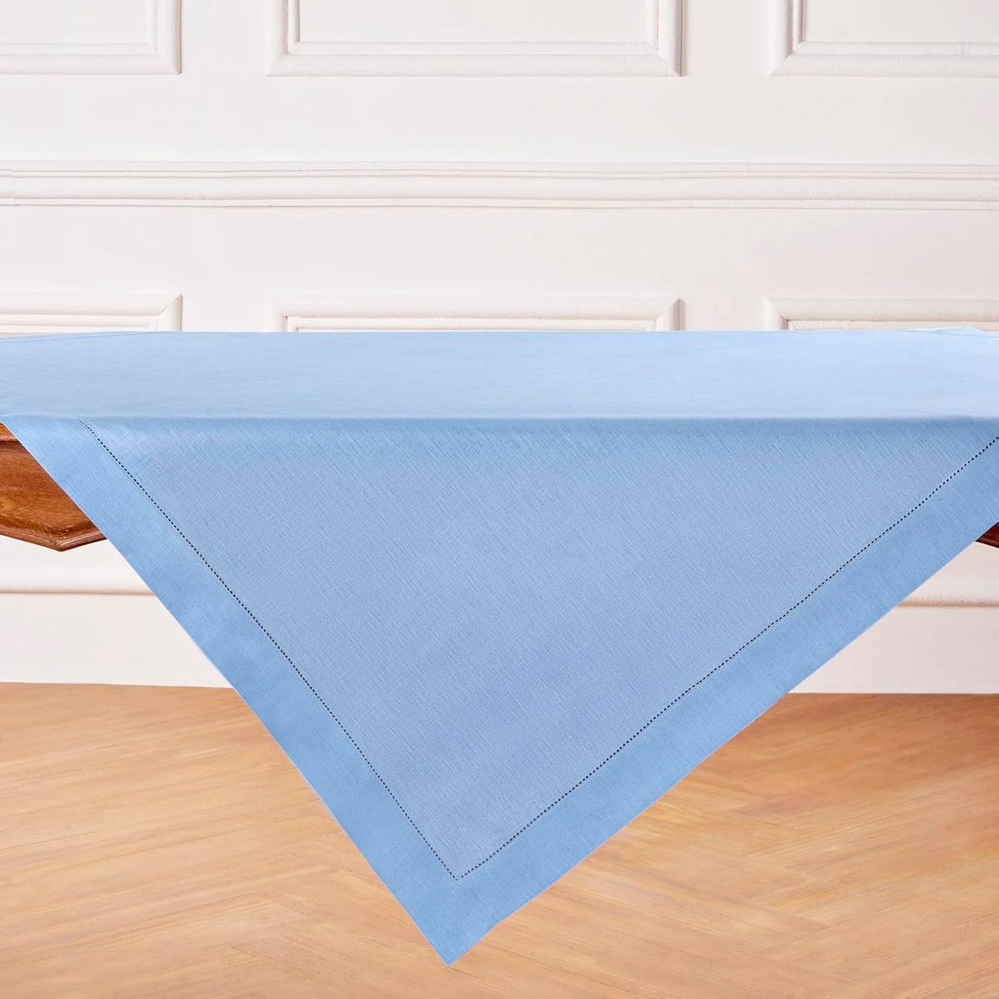 Solino Home Linen Cornflower Blue Tablecloth 52 x 52 Inch - 100% Pure Linen Square Table Throw - Classic Hemstitch, Machine Washable Table Cloth for Christmas, Holiday