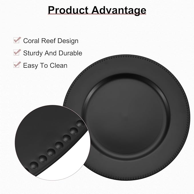 uxcell 10pcs Charger Plates Bulk 13 Inch Plastic Charger Plates Round Plate Charger for Dinner Wedding Party Event Table Setting Decoration Black