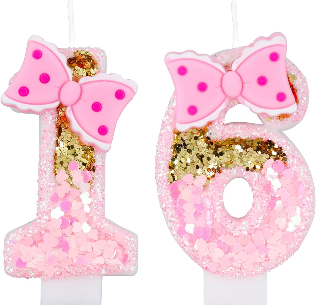 Pink 16th Birthday Candles with Gold Glitter Numbers and Bows - Perfect for Girls' Birthday Cakes