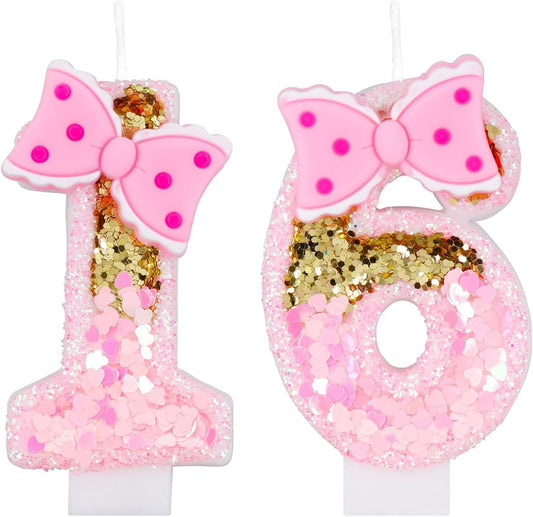 Pink 16th Birthday Candles with Gold Glitter Numbers and Bows - Perfect for Girls' Birthday Cakes
