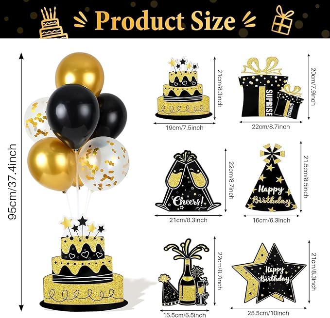 6 Sets Balloon Stand Kit for Table Happy Birthday Black Gold Balloon Centerpiece Decor Black and Gold Balloon Stand Kit for 40th 50th 60th 70th Birthday Party Decoration
