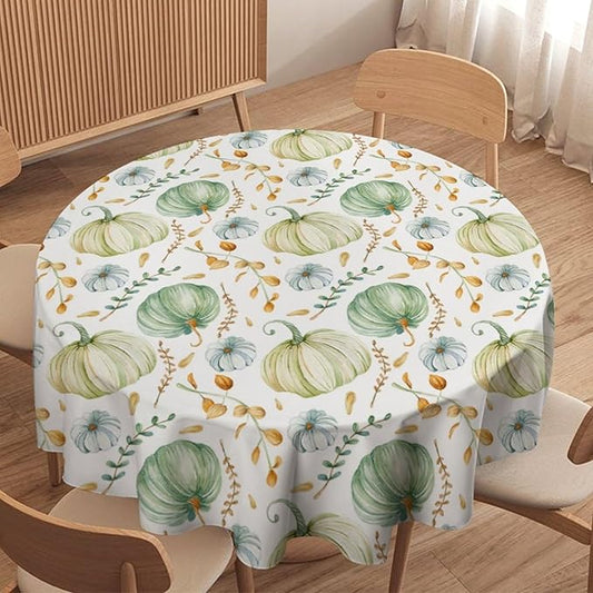 YCness Fall Tablecloth, Thanksgiving Autumn Harvest Watercolor Blue Green Pumpkin Orange Leaf Table Cover for Party Picnic Dinner 36x36 Inch Round