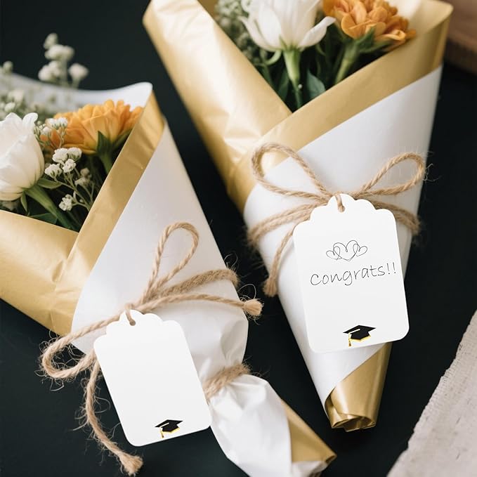 ASYEHJNR 100Pcs Blank Gift Tags with String Foil Black Gold Grad Cap Large Paper Gift Tags with 65 Ft Jute Twine for Congratulations Graduation Congrats Grad Class of 2025 Party