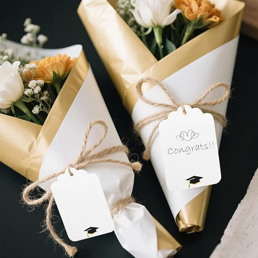 ASYEHJNR 100Pcs Blank Gift Tags with String Foil Black Gold Grad Cap Large Paper Gift Tags with 65 Ft Jute Twine for Congratulations Graduation Congrats Grad Class of 2025 Party