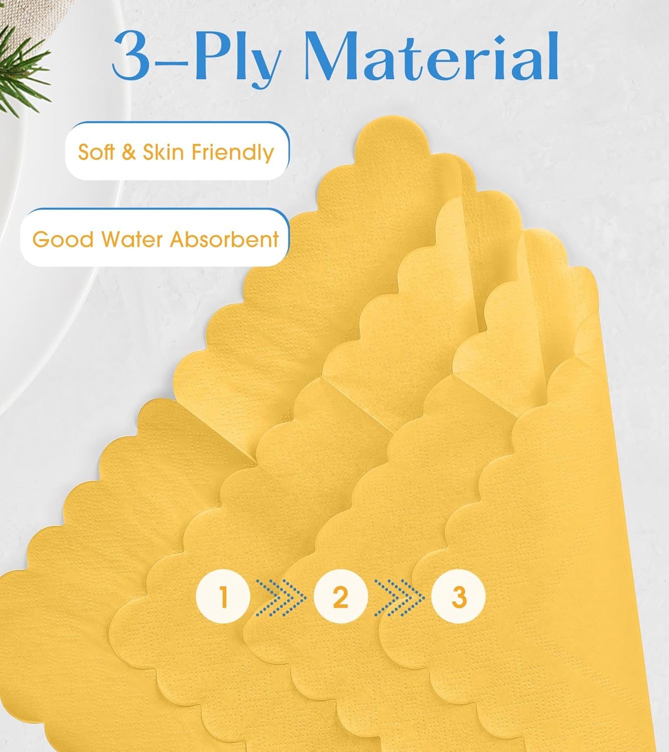 100 Pack Cocktail Napkins, 3-Ply Scalloped Edged Wedding Napkins Folded 5 x 5 Inches Dessert Napkins, Disposable Napkins for Dinner Birthday Party Bridal Anniversary Baby Shower Reception (Yellow)