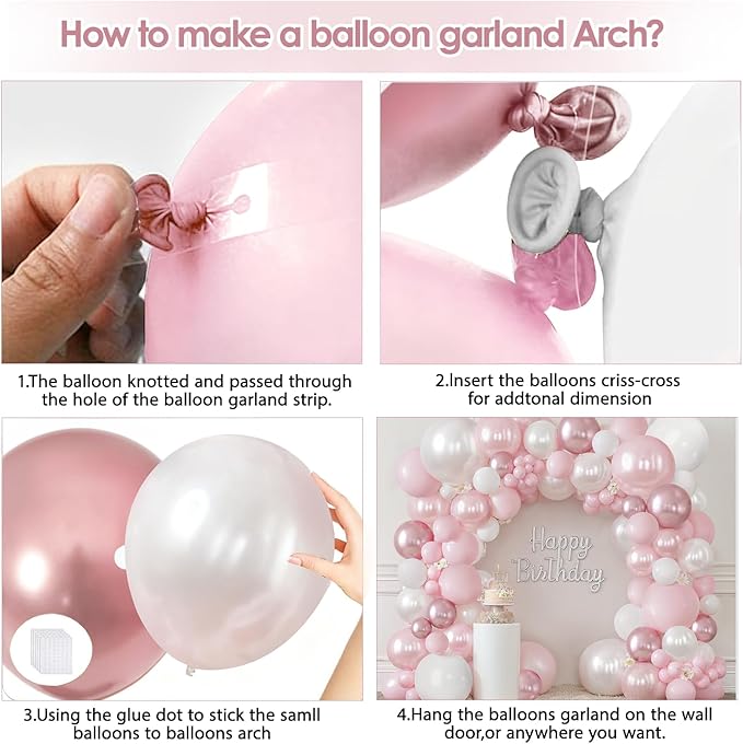 Pink and White Balloons Arch Kit, Double Stuffed Pastel Pink Balloon Garland Include Light Pearl Pink White and Metallic Pink Balloons for Coquette Wedding Birthday Party Bridal Shower Decorations