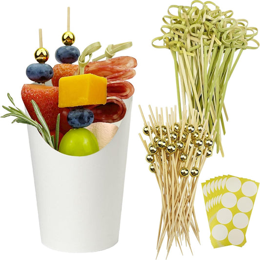 CAMKYDE 50 Charcuterie Cups + 200 Cocktail Picks + 56 Labels, 12 oz Disposable Charcuterie Cups with Sticks (2 Types), French Fry Cup White Paper Appetizer Cup for all Occasions（White）