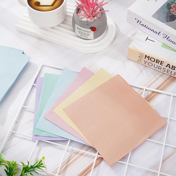 Whaline 120 Pcs Pastel Rainbow Cocktail Napkin Colorful Spring Easter Beverage Luncheon Paper Napkins 2 Ply for Baby Shower Birthday Wedding Tea Party Favors, 6 Colors